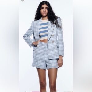 Zara Houndstooth Double Breasted Blazer Blue/White Blogger Favorite Size S